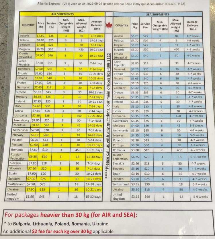 Atlantic Express Price List